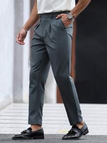 Manfinity Bizformal Pantalón de traje entallado de color liso para hombres, apropiado para negocios/trabajo