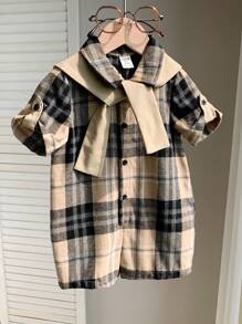 SHEIN 2 件套新生儿男女通用卡其色格子短袖连体衣和披肩套装，舒适休闲百搭服装，适合室内、户外、日常、运动、玩耍、派对、拍照、度假、春夏季 - 卡其色 - 查看 7