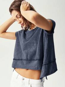 Bohemela 女式休闲纯色针织圆领不对称下摆T恤 - 藍色 - 查看 6