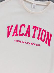 SHEIN 青少年女孩休闲针织字母印花短袖T恤上衣和短裤两件套度假装