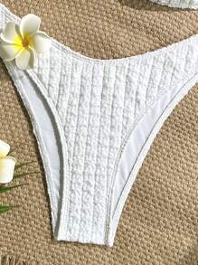Sweetra 2 piezas Traje de baño tipo bandeau con tirantes finos y decoración floral de textura sólida, atuendo de playa de verano para mujeres - Blanco - Ver 3