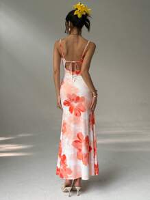 Aloruh 女式春夏度假花卉印花吊带交叉紧身迷你连衣裙 - 橘色 - 查看 2