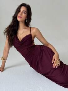 Aloruh Romantic Asymmetrical Halter Big Backless Tie Maxi Mesh Dress For Women, Pink & Purple Summer Outfits For Women,Bodycon Dress - Red Violet - View 7