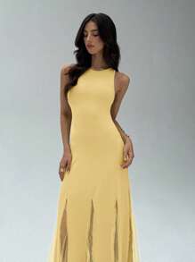 Aloruh Elegant Solid Color Mesh Patchwork Yellow Sleeveless Dress Butter Yellow Dress - Yellow - View 5