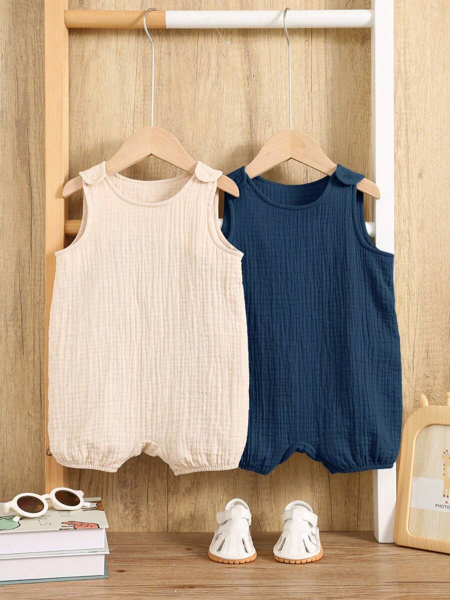 SHEIN 2pcs/Set Newborn Baby Boys Cute Crinkle Solid Color Vest Romper Set, Summer - Multicolor - View 1