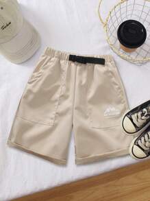 2025 Spring & Summer New Collection Boys Toddler Khaki Mountain Peak & Letter Logo Printed Loose Shorts, Made Of Soft Fabric, Versatile & Comfortable For Sports, Jogging, Playing Football, And Everyday Casual Wear - Khaki - View 3