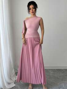 Modelyn Women's Asymmetrical Neck Tie Up Pleated Dress, Spring/Summer - Pink - View 7