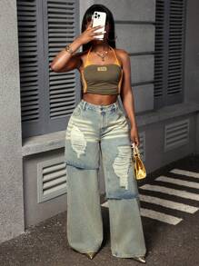 Slaydiva 女士时尚水洗做旧宽松喇叭牛仔裤 - 藍色 - 查看 2