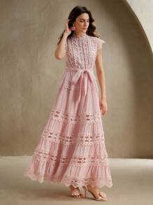 Anewsta Solid Color Elegant Lace Patchwork Sleeveless Long Dress For Women, Summer, Beach, Holiday, Casual - Pink - View 7