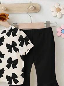 SHEIN Playful Pals 2pcs Baby Girls' Casual Cute Bow Graphic Print Short Sleeve Round Neck T-Shirt And Flare Pants Set - Multicolor - View 5