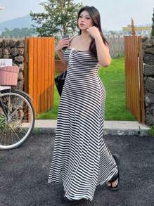 DAZY 夏季紧身 A 字形条纹吊带连衣裙 - 灰色 - 查看 1