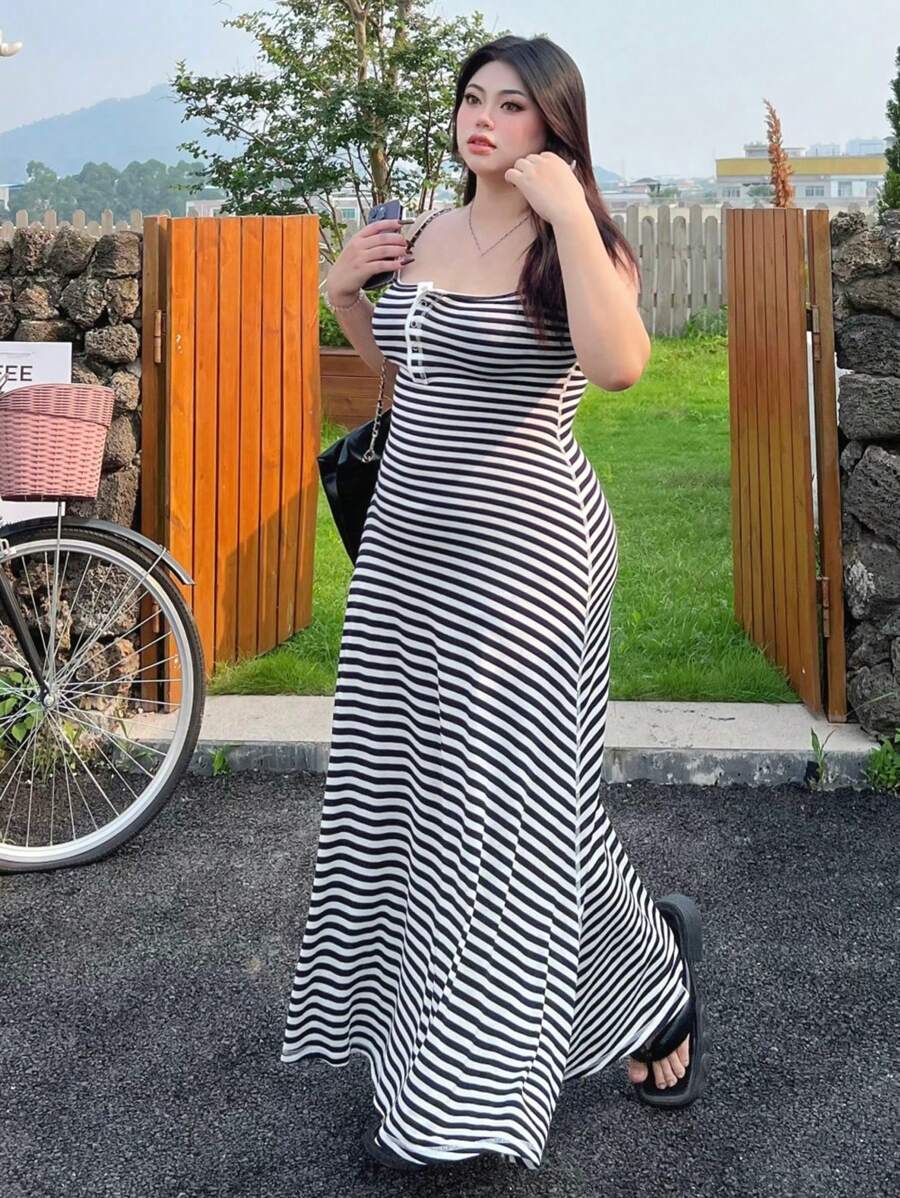 DAZY 夏季紧身 A 字形条纹吊带连衣裙 - 灰色 - 查看 1