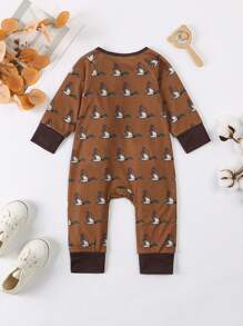 SHEIN Playful Pals Kids Fall Winter Long Sleeve Zip Romper, Retro Brown Cute Duck Print, Great For Daily Trips, Free Movement For Crawling & Walking - Brown - View 2