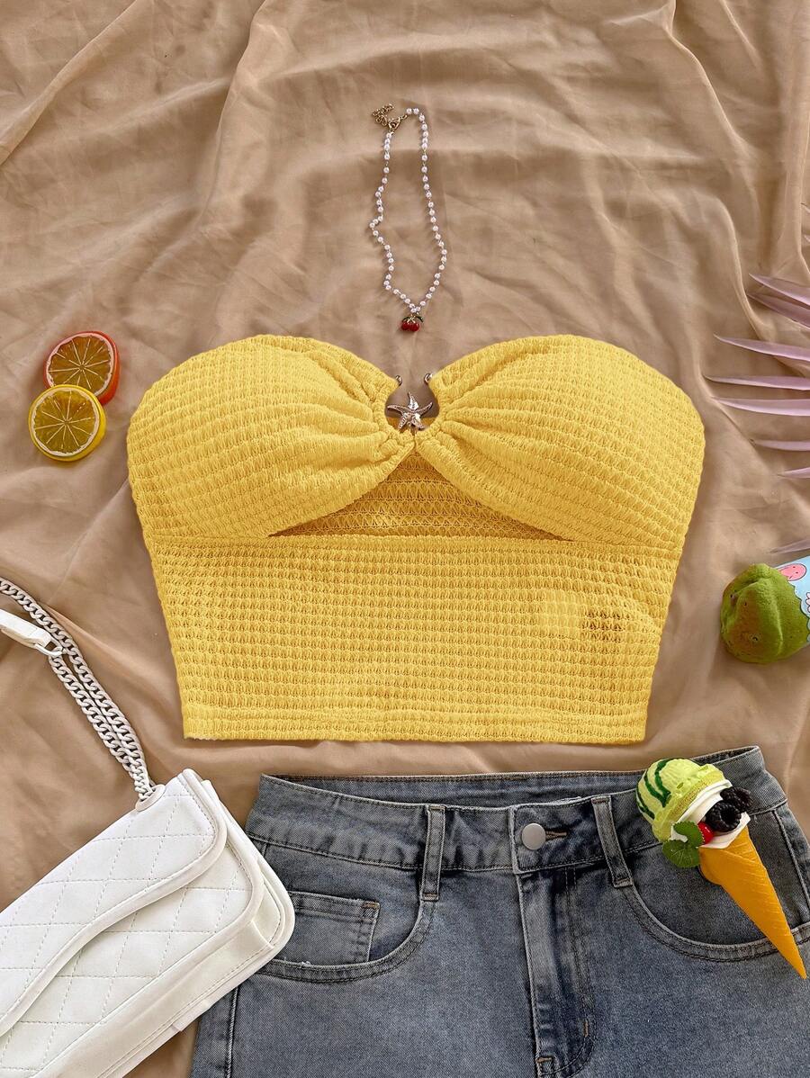Soleia Parte superior tipo tubo con textura de estrella de mar hueca para vacaciones, para mujer - Amarillo - Ver 1