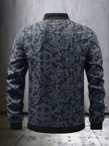 Manfinity Homme Men's Stand Collar All-Over Print Zip-Up Casual Jacket, Designer Jacket Men, Blue Jacket Men, Men's Printed Bomber Jacket - Black - View 2