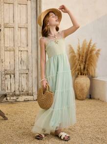 SHEIN Tween Girls Vacation Casual Mesh Cami Dress - Dusty Blue - View 3