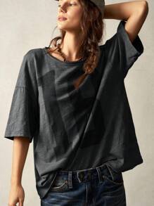 Bohemela Camiseta de manga corta holgada de cuello redondo de punto de unicolor informal lavada de talla grande - Negro - Ver 5