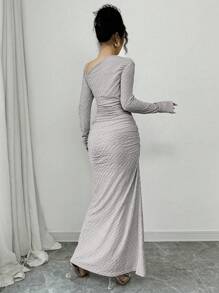 Elenzga 女士优雅通勤淑女魅力长袖不对称领褶饰腰部紧身纹理针织长裙 - 灰色 - 查看 2