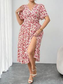 SHEIN Clasi Plus Size Women's Summer Vacation Ditsy Floral V-Neck Ruched High Slit Maxi Dress  Graduation Dress Wedding Guest Dress Women Vacation Outfits Woman  Sundress Festival Birthday Dresses For Women