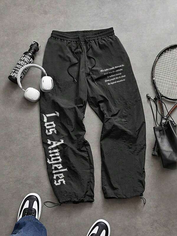 Sport MetroGents Pantaloni sport casual pentru bărbați, cu imprimeu de slogan, haine de antrenament, pantaloni de alergare, joggeri atletici, pantaloni sport, pantaloni atletici pentru bărbați, pantaloni de trening cu mod strălucitor, respirabili pentru toamnă