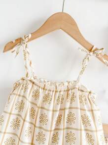 Loomiva 年轻女孩碎花格子图案荷叶边下摆吊带背心上衣和裤子 2 件套，休闲夏季度假装 - 彩色 - 查看 4