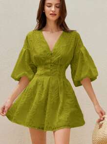 Aveloria Rosie 优雅复古花卉刺绣 V 领泡泡袖束腰喇叭袖迷你连衣裙，前部纽扣开合 - 綠色 - 查看 5