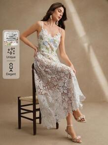 Anewsta Váy midi ren hoa cổ chữ V thanh lịch cho nữ mùa hè kỳ nghỉ lễ hội bãi biển - trắng - Xem 1