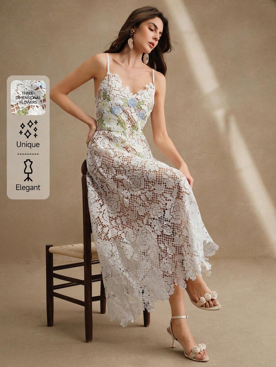 Anewsta Váy midi ren hoa cổ chữ V thanh lịch cho nữ mùa hè kỳ nghỉ lễ hội bãi biển - trắng - Xem 1