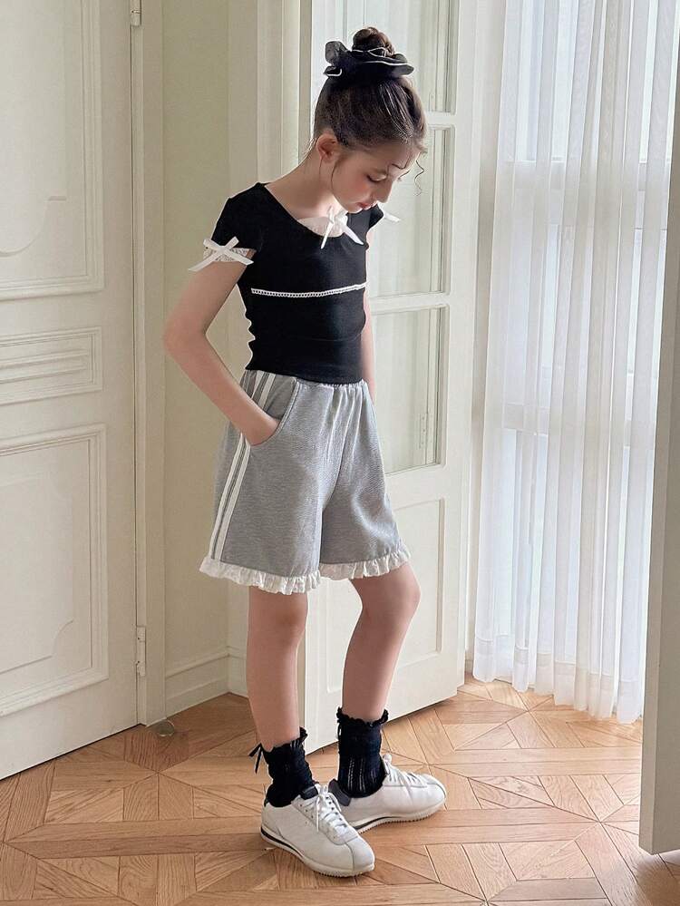 Tween Girls Lace Patchwork Bow Decor Short Sleeve T-Shirt, Summer,Back To School Clothes