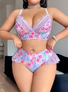 SHEIN 2件套大码印花蕾丝拼接无钢圈文胸套装 - 彩色 - 查看 1