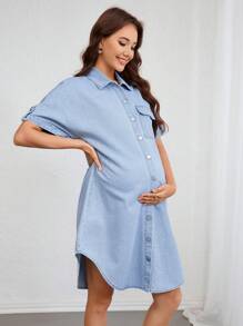 SHEIN Maternity Solid Color Front Button Asymmetrical Hem Short Sleeve Denim Dress - Light Wash - View 6
