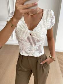 SHEIN Frenchy Women's Solid Color Decorated Slim Fit Sexy Short Sleeve T-Shirt, Summer Casual - Beige - View 4
