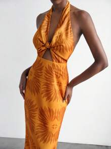 Maija Đầm hở lưng in họa tiết xoắn màu cam cho nữ phong cách Boho Beach Western Holiday Casual Allover Backless Dress Trang phục nghỉ mát cho phụ nữ Hawaii Outfits Women - trái cam - Xem 1