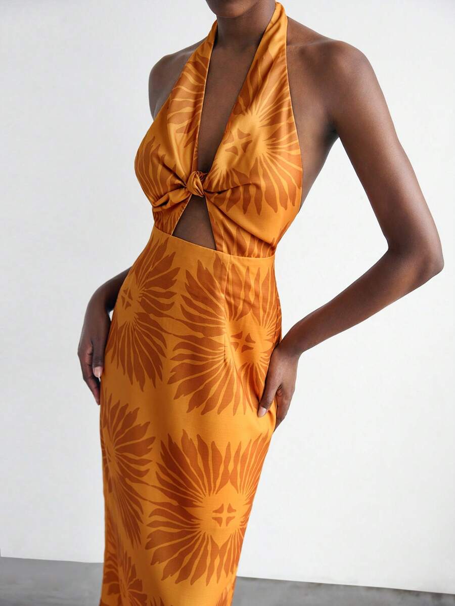 Maija Đầm hở lưng in họa tiết xoắn màu cam cho nữ phong cách Boho Beach Western Holiday Casual Allover Backless Dress Trang phục nghỉ mát cho phụ nữ Hawaii Outfits Women - trái cam - Xem 1