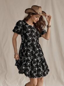 Wildy American Western Rustic Vacation Vintage Cotton Embroidery Puff Sleeve Green Short Dress Bohemian  Vacation Outfits Women Vintage Country Cowboy Woman S Summer Clothes