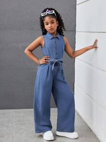 Macacão Denim Folgado com Laço Torcido na Cintura e Gola Alta para Meninas Pré-Adolescentes, Primavera Verão, Shorts Boho de Praia de Verão para Meninas, Looks Casuais de Verão para Festivais e Concertos, Looks de Verão para Brunch, Igreja e Formatura para Meninas, Looks Streetwear de Volta às Aulas