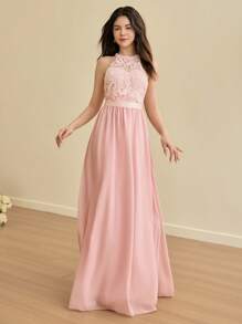 SHEIN Teen Girl Elegant Lace & Chiffon Cinched Waist Sleeveless Dress, Suitable For Bridesmaids, Wedding Ceremony, Prom, Birthday Party