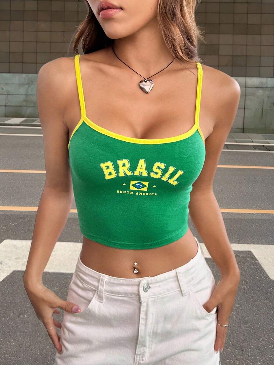 SHEIN EZwear Camiseta Regata com Contraste Gráfico de Letra e Barra