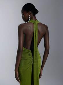 Elitara Elegante, romántico, sexy, minimalista, verde, de tela de punto, cuello halter, ajustado, cola de pez, de moda, estilo influencer, vestido para fiesta, cumpleaños, evento de boda, dama de honor