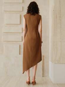 Zanirela Zanirela 女士夏季时尚不对称腰部扭结褶皱不对称下摆无袖中长休闲连衣裙，卡其色女装，女士夏季服装，工作夏季连衣裙 - 咖啡 - 查看 4