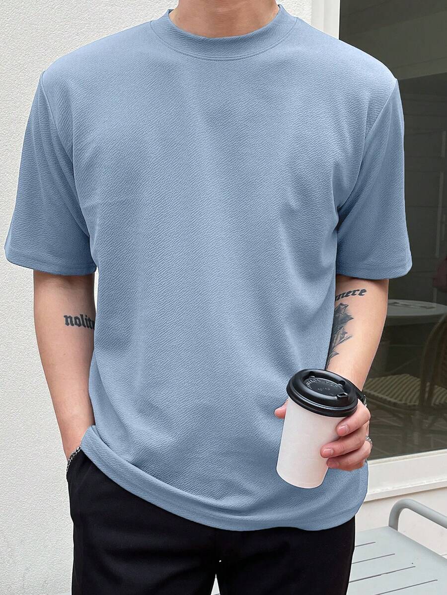 DAZY 男士纯色圆领 T 恤夏季 - 淺藍色 - 查看 1