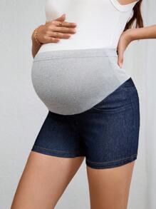 TrendSteals Pantalones cortos vaqueros de maternidad casuales con lazo bordado, contraste de color y cintura ajustable para el verano y festivales - Azul lavado oscuro - Ver 6
