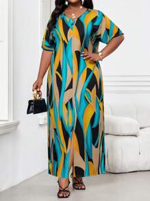 SHEIN Lady CURVE Vestido Túnica de Verão e Primavera Casual Modesto Colorido Tecido com Decote em V e Manga Curta para Mulheres Plus Size