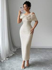 Modelyn Solid Color Mesh Splice & 3D Flower Decor Shoulder-Revealing Mid-Calf Dress For Women - Apricot - View 8