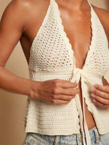 Travachic Solid Color Twist Front Backless Sleeveless Crop Top