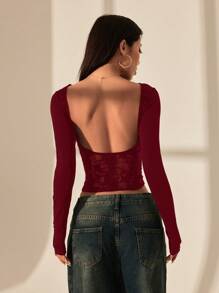 SHEIN PETITE Top da donna con schiena scoperta e cuciture in pizzo. Indumento sexy adatto per le uscite, ideale per l'estate.