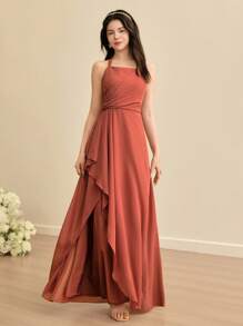 SHEIN 婚礼季伴娘青少年露背收腰褶边不对称下摆高开衩连衣裙，适合舞会、派对、生日