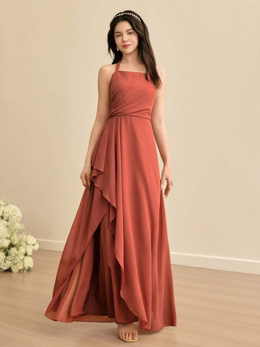 SHEIN 婚礼季伴娘青少年露背收腰褶边不对称下摆高开衩连衣裙，适合舞会、派对、生日