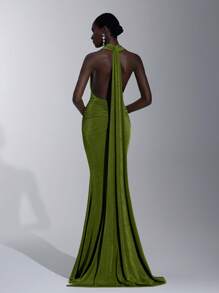 Elitara Elegante, romántico, sexy, minimalista, verde, de tela de punto, cuello halter, ajustado, cola de pez, de moda, estilo influencer, vestido para fiesta, cumpleaños, evento de boda, dama de honor