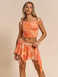 Glamine Women's Summer Floral Burnt Orange Asymmetric Neck T-Shirt & Ruffle Mini Skirt 2-Piece Set,Matrix Street Wear Y2k Dance Vacation Holiday Outfits Set - Orange - View 5
